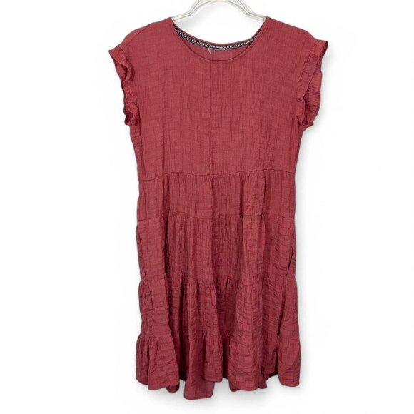 Tiered Mini Dress‎ Textured Modest A-Line Medium Pinkish Red - Picture 2 of 4